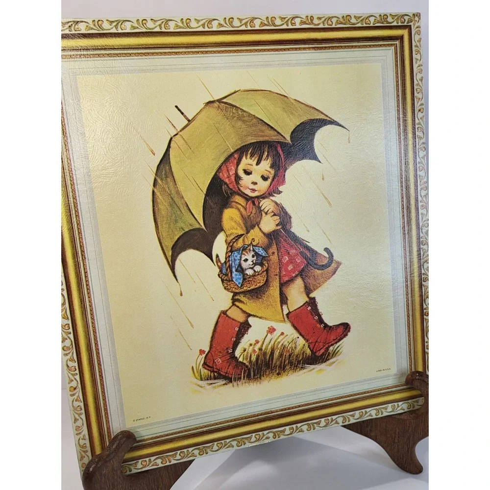 Vintage 1970s STAPCO NY N Clark Girl with Umbrella & Kitten 12